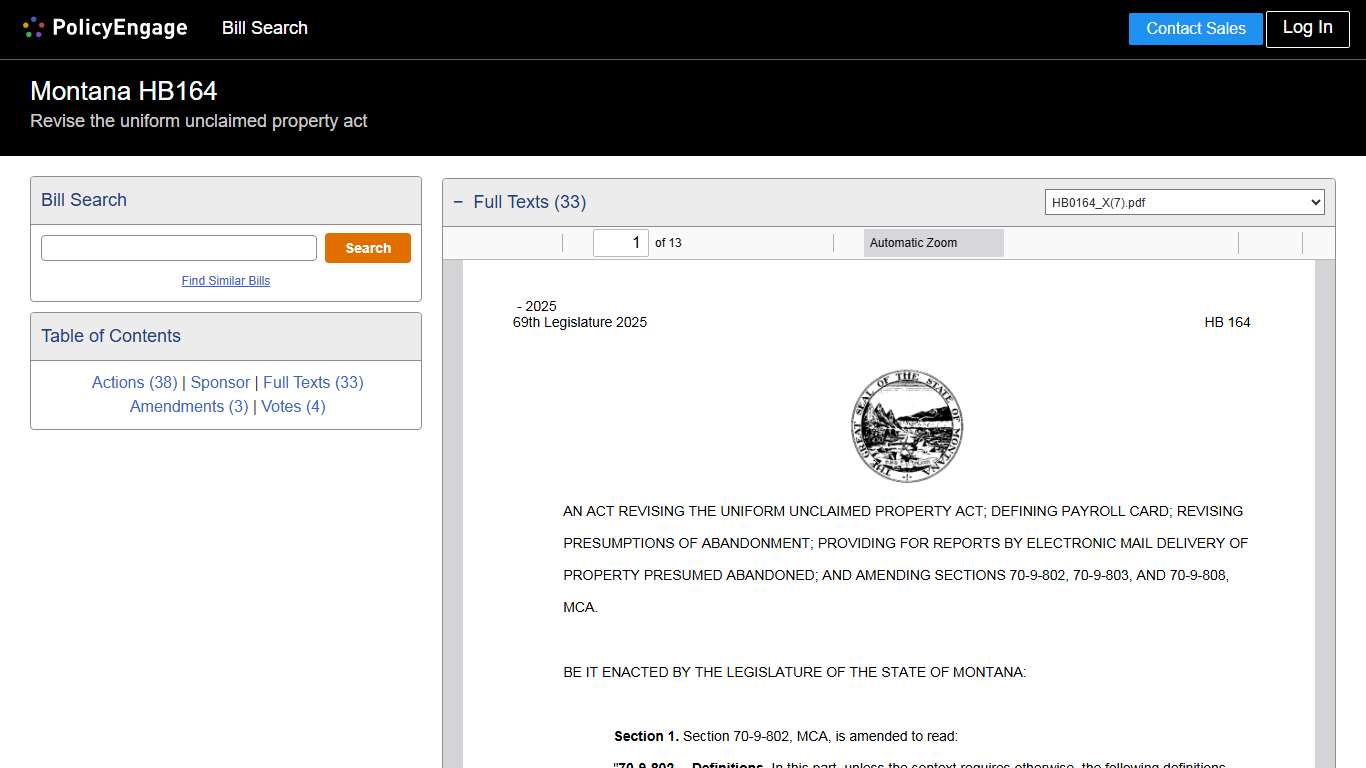 HB164 Montana 2025-2026 Revise the uniform unclaimed property act - Legislative Tracking PolicyEngage